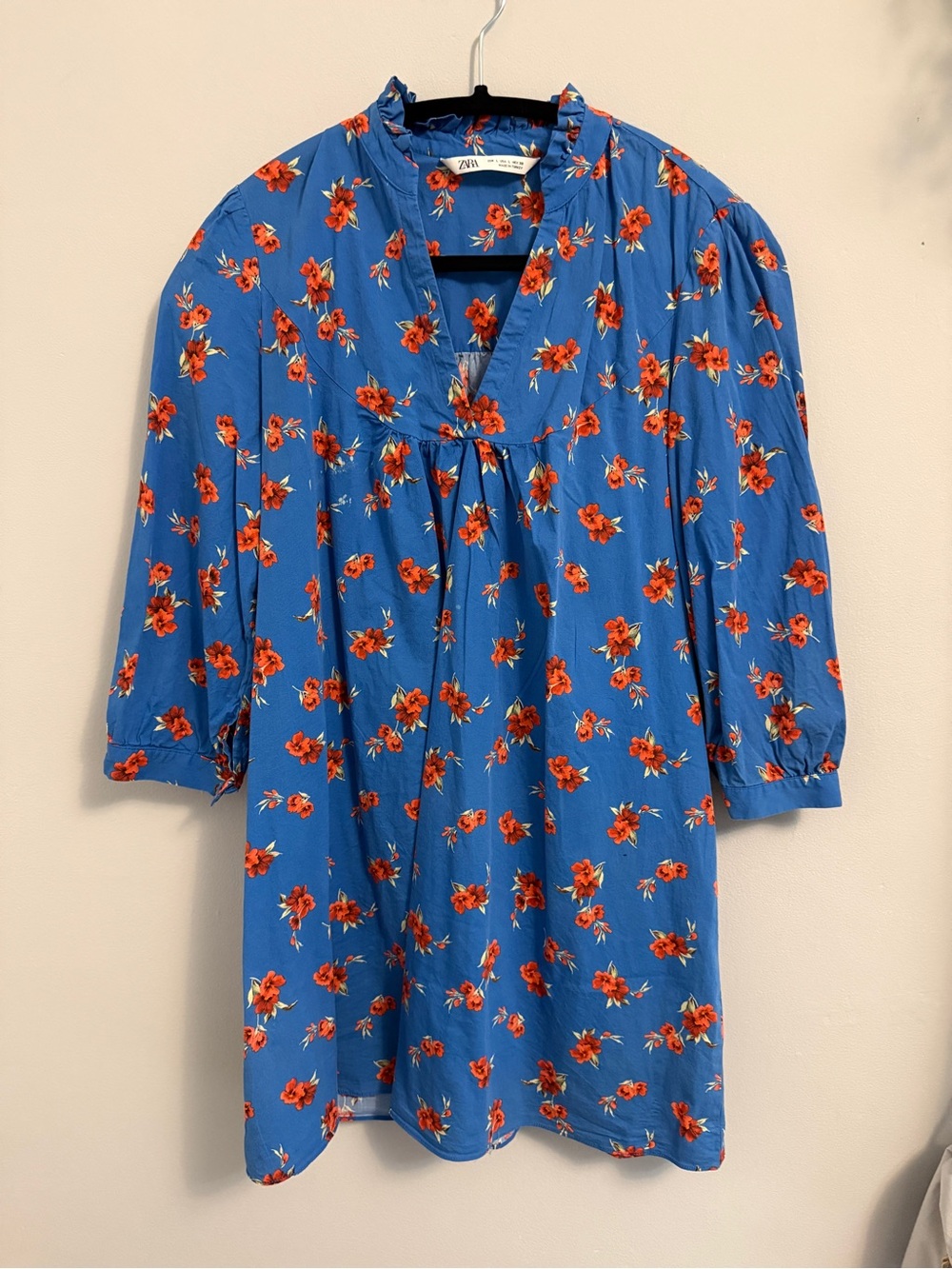 Zara Bright Blue Floral Ruffle-Trim Tunic NWOT